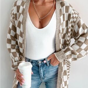 Tan Checkered Knit Cardigan Sweater
